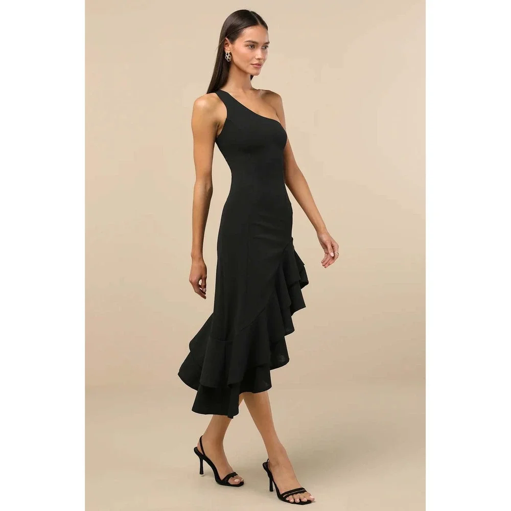 Lulus Steal a Glance Black One-Shoulder Asymmetrical‎ Midi Dress Large NWT